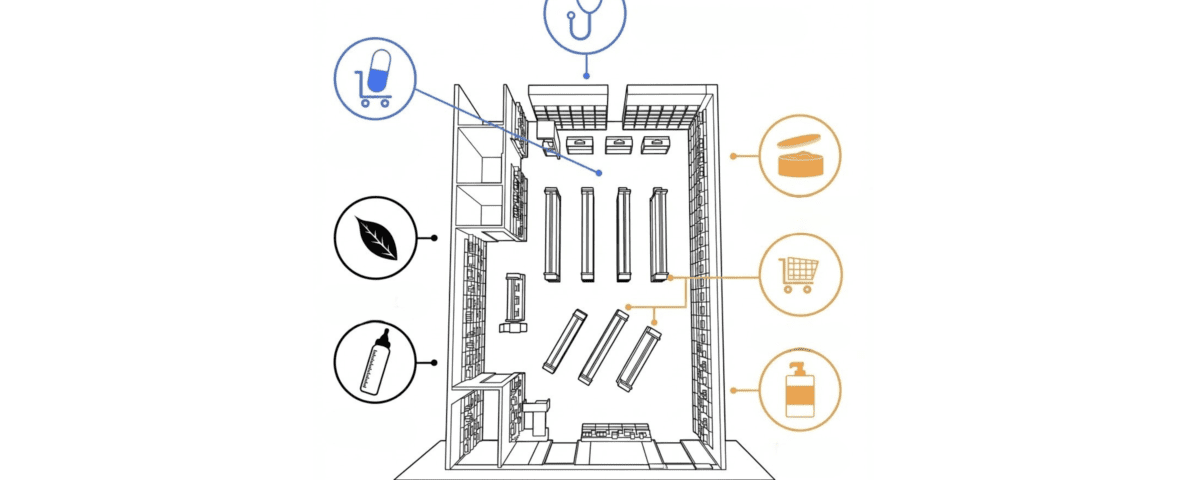 Lineal de farmacia sin señalética de categorías: el producto existe pero el cliente no lo encuentra
